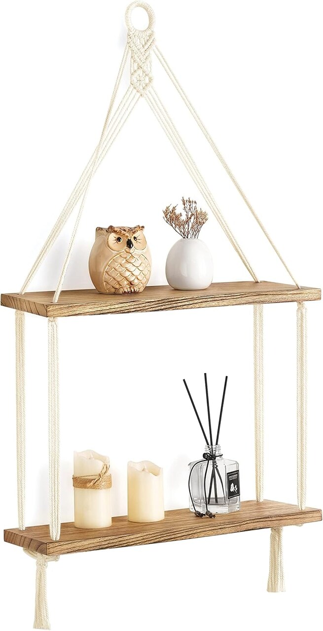 Macrame Hanging Shelf Boho Wall Decor 2 Tier Handmade Cotton Rope Rustic Wood Floating Shelves Display Photos Plants Hanging Storage Shelving for Living Room Nursery Bathroom Bedroom